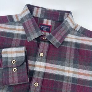 UNTUCKit Flannel Shirt Men Large Burgundy Grey Plaid Slim Fit Cotton Button Down